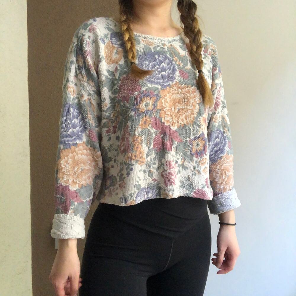 Vintage reworked cropped floral heavy knit cottagecore boho sweater large